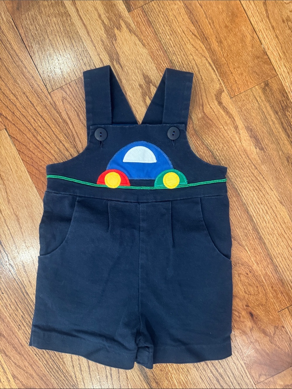 Vintage Kids Navy Blue Car Appliqué Short Overalls